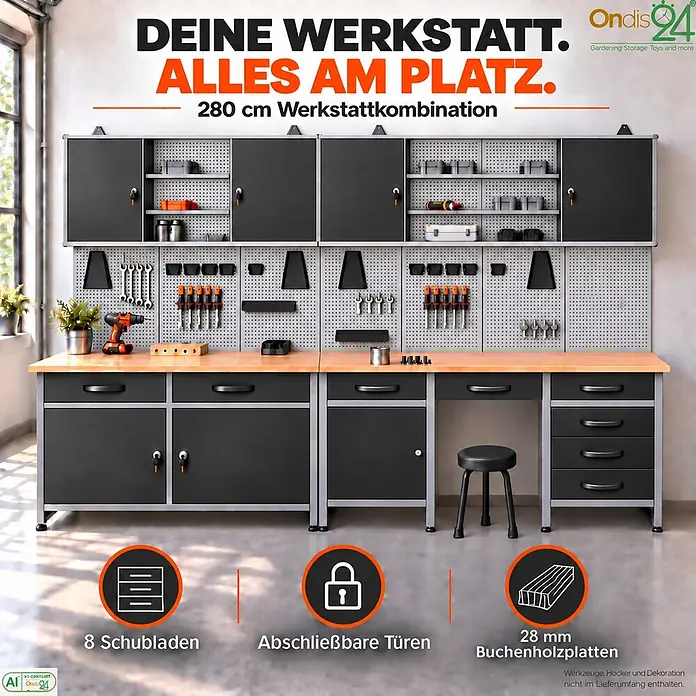 Ondis24 Werkstatt Set Herkules 280cm 2 Schränke -  - Eine 280 cm Werkstattkombination mit dunkelgrauen Schränken, 8 Schubladen und abschließbaren Türen, mit einer 28 mm Buchenholzplatte.
