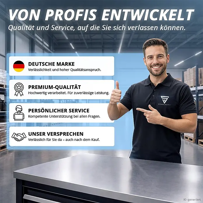 Kompressor - ST-501 Pro - Lächelnder Mann im Lager präsentiert Markenwerte: Deutsche Qualität, Premium-Produkte, persönlicher Service und Kundenversprechen. Werkbank im Vordergrund.