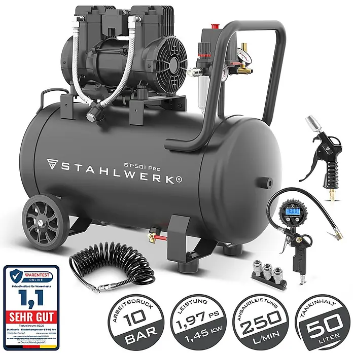 STAHLWERK Kompressor (ST-501 Pro) 50 L Tank, 10 bar, ölfrei & leise 70dB 1400 W - 1,97 PS - Schwarzer Stahlwerk ST-501 Pro Kompressor mit 50L Tank, 10 bar Druck und Zubehör wie Druckluftpistole und Reifenfüller.