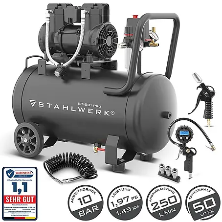 STAHLWERK Kompressor (ST-501 Pro) 50 L Tank, 10 bar, ölfrei & leise 70dB 1400 W (1,97 PS), 250 l/min