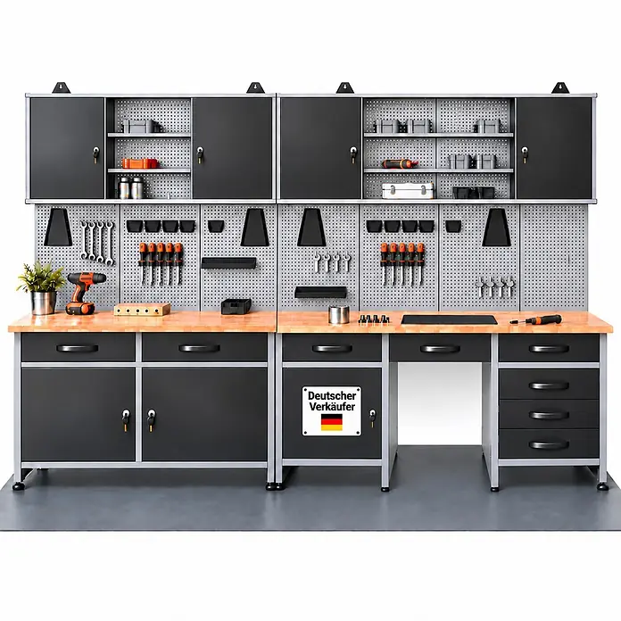 Ondis24 Werkstatt Set Herkules 280cm 2 Schränke -  - Grau-schwarzes Werkstatt-Werkbank-System aus Metall mit Holzplatten, Schränken, Schubladen, Lochwänden und Werkzeugen.