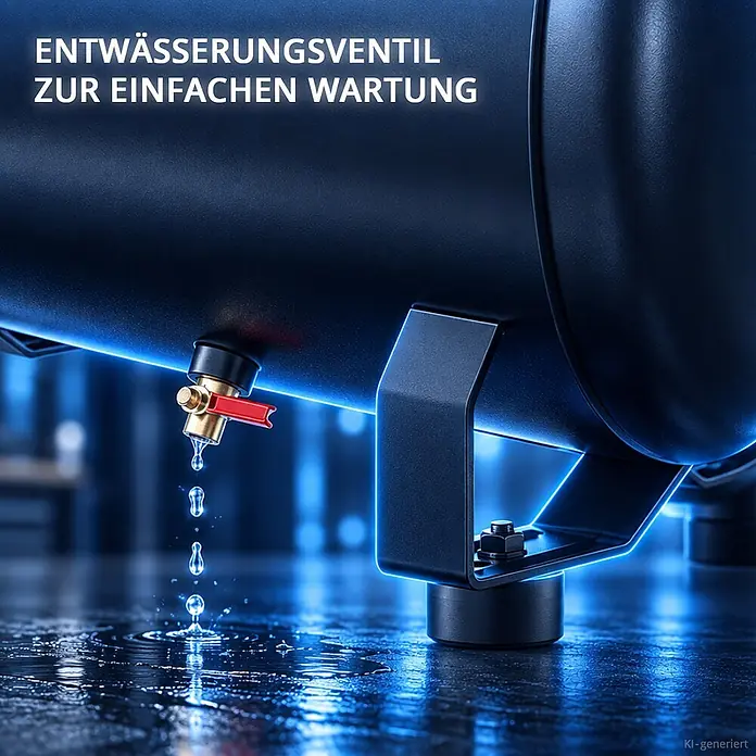 STAHLWERK Kompressor (ST-501 Pro) 50 L Tank, 10 bar, ölfrei & leise 70dB 1400 W - 1,97 PS - Messing-Entwässerungsventil an einem dunklen Kompressortank, Wasser tropft zur Wartung ab.