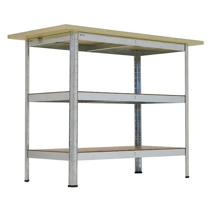 Mega Deal 2x Profi Werkbank TAURUS 1 Tischplatte + 2 Fachböden 120x60x25cm Verzinkt -  - Verzinkte Metallwerkbank mit Holzplatte und zwei zusätzlichen Holzablagen, ideal für Lagerung oder Arbeit.