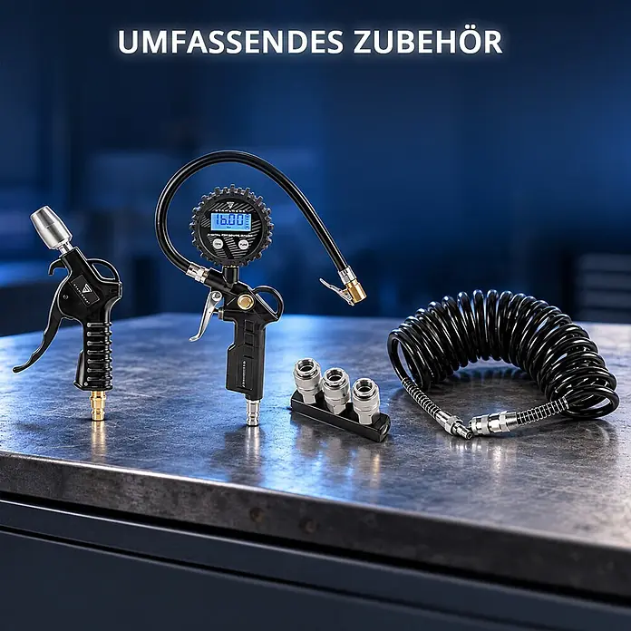 STAHLWERK Kompressor (ST-501 Pro) 50 L Tank, 10 bar, ölfrei & leise 70dB 1400 W - 1,97 PS - Umfassendes schwarz-silbernes Druckluftzubehör-Set mit digitalem Reifenfüller, Ausblaspistole, Schnellkupplungen und Spiralschlauch.