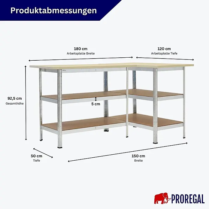 Mega Deal 2x Profi Werkbank TAURUS 1 Tischplatte + 2 Fachböden 120x60x25cm Verzinkt -  - Stabile Eckwerkbank aus Metall und Holz mit mehreren Ablageböden, ideal für Werkstatt oder Lager.