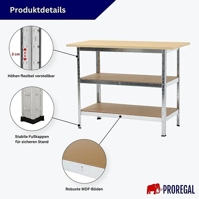 Mega Deal 2x Profi Werkbank TAURUS 1 Tischplatte + 2 Fachböden 120x60x25cm Verzinkt -  - Silberne Metall-Werkbank mit heller Holzplatte und zwei Böden, Details zu Höhenverstellung, stabilen Fußkappen und robusten MDF-Böden.