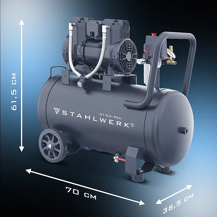 STAHLWERK Kompressor (ST-501 Pro) 50 L Tank, 10 bar, ölfrei & leise 70dB 1400 W - 1,97 PS - Dunkelgrauer STAHLWERK ST-501 PRO Kompressor mit Rädern, Griff, Manometern und Schläuchen.