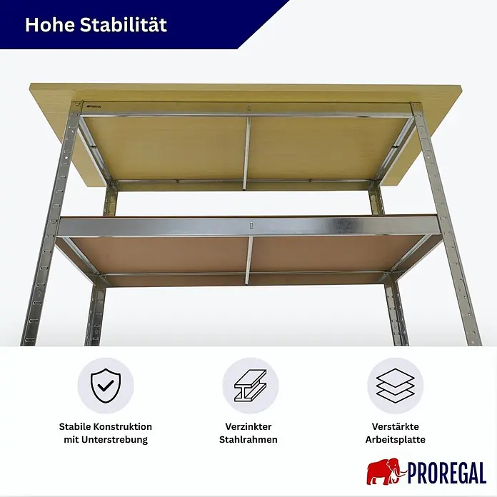 Mega Deal 2x Profi Werkbank TAURUS 1 Tischplatte + 2 Fachböden 120x60x25cm Verzinkt -  - PROREGAL Schwerlastregal mit verzinktem Stahlrahmen, stabiler Konstruktion mit Unterstrebung und verstärkten Holzböden für hohe Stabilität.