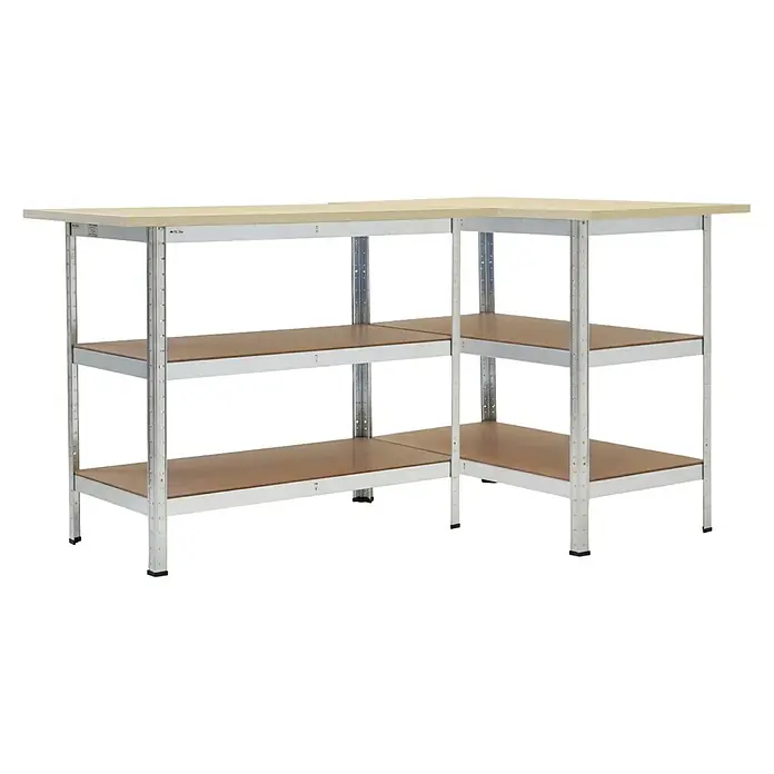 Mega Deal 2x Profi Werkbank TAURUS 1 Tischplatte + 2 Fachböden 120x60x25cm Verzinkt -  - L-förmige Werkbank mit verzinktem Stahlrahmen und drei hellbraunen Holzregalböden auf jeder Seite, ideal für Werkstatt oder Garage.