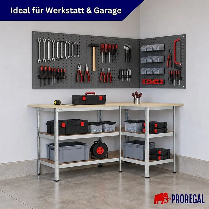 Mega Deal 2x Profi Werkbank TAURUS 1 Tischplatte + 2 Fachböden 120x60x25cm Verzinkt -  - Eck-Werkbank mit Regalen und Lochwand, organisiert Werkzeuge und Zubehör in einer Werkstattumgebung.