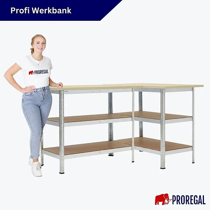 Mega Deal 2x Profi Werkbank TAURUS 1 Tischplatte + 2 Fachböden 120x60x25cm Verzinkt -  - Eine L-förmige Werkbank aus Metall und Holzplatten, mit einer Frau daneben zur Größenreferenz.