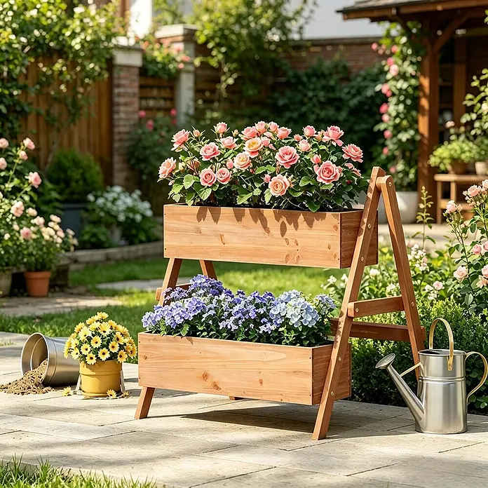 SONNENH Hochbeet 80 x 62 x 68 cm Braun aus Holz -  - Hölzernes zweistufiges Pflanzenregal mit rosa Rosen und blauen Blumen auf einer sonnigen Gartenterrasse.