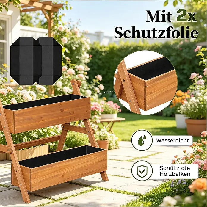 SONNENH Hochbeet 80 x 62 x 68 cm Braun aus Holz -  - Zweigeschossiger Holz-Hochbeet mit schwarzer Schutzfolie ausgekleidet, im Garten. Die Folie ist wasserdicht und schützt das Holz.