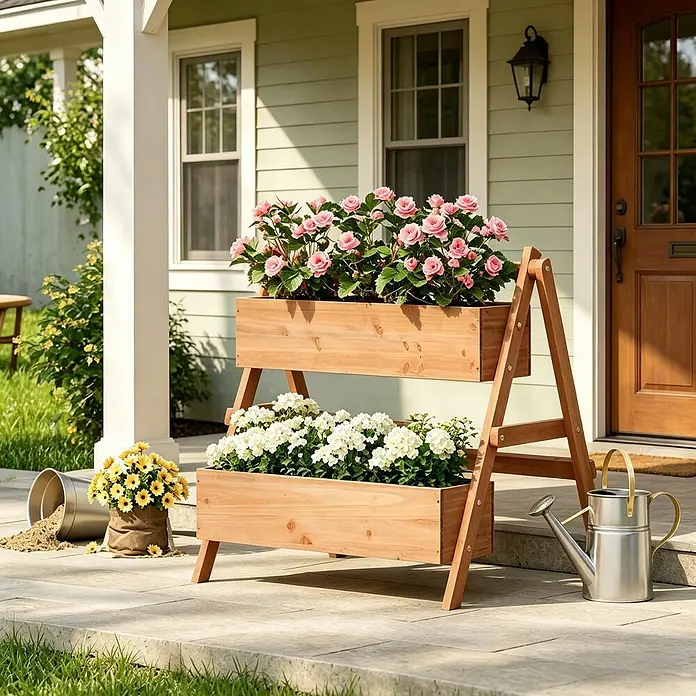 SONNENH Hochbeet 80 x 62 x 68 cm Braun aus Holz -  - Zweistufiges Pflanzgefäß aus Holz mit rosa und weißen Blumen auf einer Veranda.