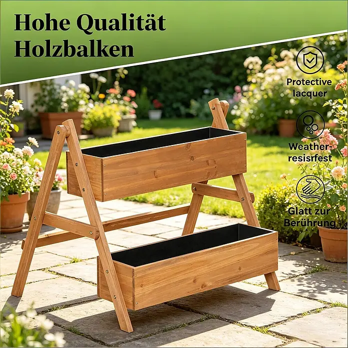 SONNENH Hochbeet 80 x 62 x 68 cm Braun aus Holz -  - Zweistufiger Holz-Pflanzständer mit dunklen Blumenkästen, wetterfest und mit Schutzlack für den Außenbereich.