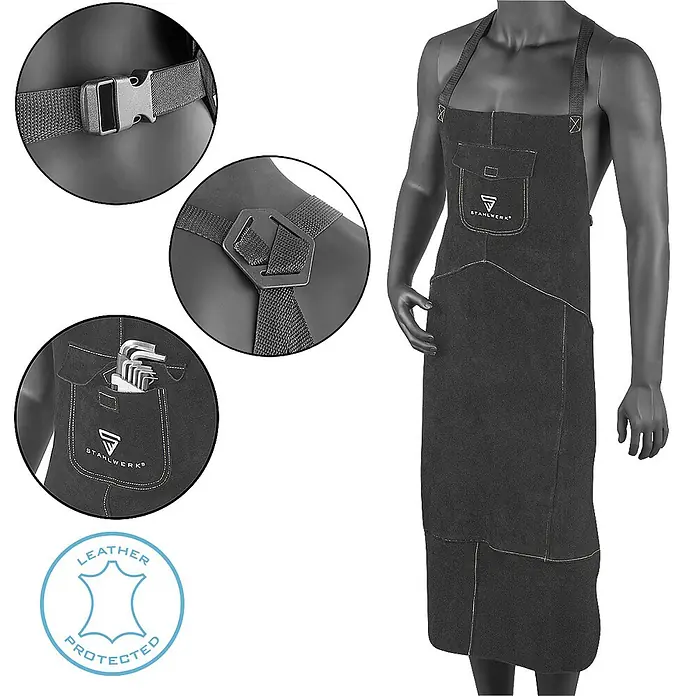 STAHLWERK Schweißerschutzkleidung Set PSA zum Schweißen und Plasmaschneiden -  - Dunkelgraue Lederschweißerschürze an Schaufensterpuppe, mit verstellbaren Trägern, Schnalle und Brusttasche mit Werkzeug.