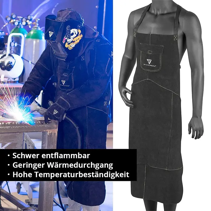 STAHLWERK Schweißerschutzkleidung Set PSA zum Schweißen und Plasmaschneiden -  - Schwarze, schwer entflammbare Schweißerschürze, getragen von einem Schweißer und an einer Schaufensterpuppe.