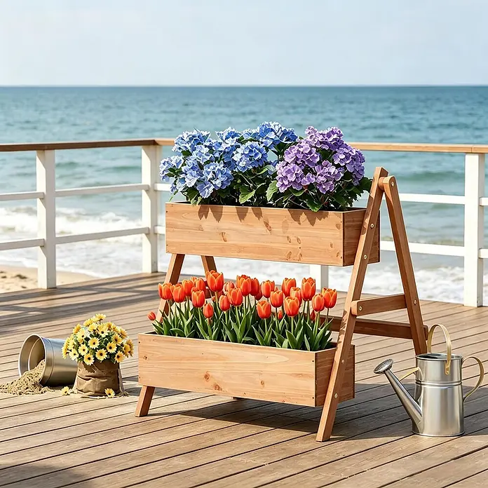 SONNENH Hochbeet 80 x 62 x 68 cm Braun aus Holz -  - Zweistufiger Pflanzkübelständer aus Naturholz mit blauen und lila Hortensien sowie orangefarbenen Tulpen auf einer Holzterrasse am Meer.