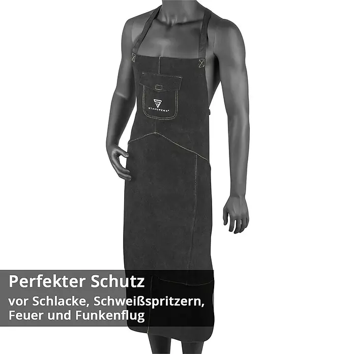 STAHLWERK Schweißerschutzkleidung Set PSA zum Schweißen und Plasmaschneiden -  - Schwarze Schutz-Schweißerschürze mit gelben Nähten, auf einer Schaufensterpuppe.