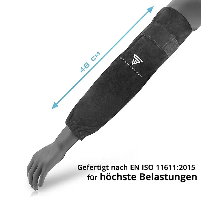 STAHLWERK Schweißerschutzkleidung Set PSA zum Schweißen und Plasmaschneiden -  - Dunkelgraue 48 cm lange Schutzmanschette für den Arm, mit Stahlwerk-Logo.