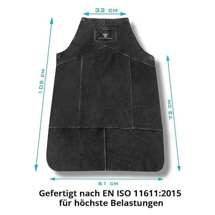 STAHLWERK Schweißerschutzkleidung Set PSA zum Schweißen und Plasmaschneiden -  - Schwarze Lederschweißschürze, 105 cm lang und 61 cm breit. Strapazierfähig, zertifiziert nach EN ISO 11611.