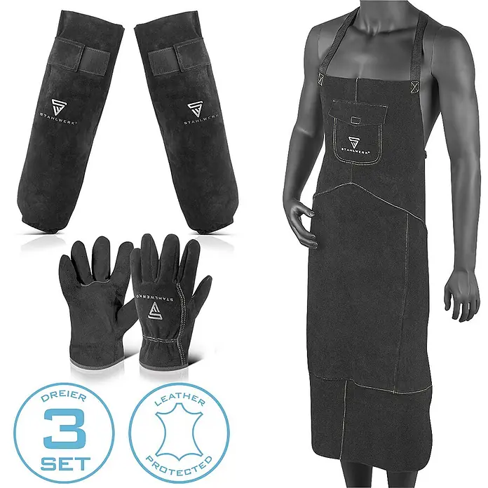 STAHLWERK Schweißerschutzkleidung Set PSA zum Schweißen und Plasmaschneiden -  - STAHLWERK 3-teiliges Schutzset aus dunklem Leder: Schürze, Armschoner und Handschuhe.
