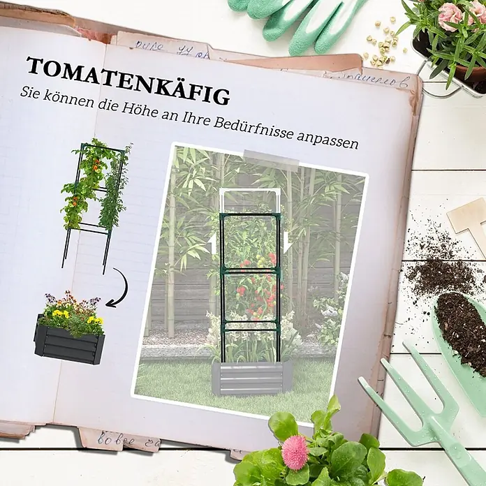 SONNENH Hochbeet mit Rankgitter 61 x 61 x 140 cm Dunkelgrau aus Metall -  - Verstellbarer schwarzer Tomatenkäfig, der eine Tomatenpflanze stützt, mit höhenverstellbarer Funktion im Garten.