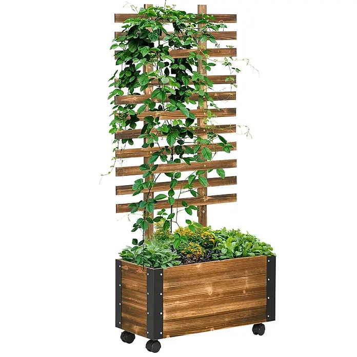 SONNENH Hochbeet mit Rankgitter 65 x 31 x 147 cm aus Holz -  - Brauner Pflanzkasten aus Holz mit integriertem Rankgitter für Kletterpflanzen, auf Rollen.