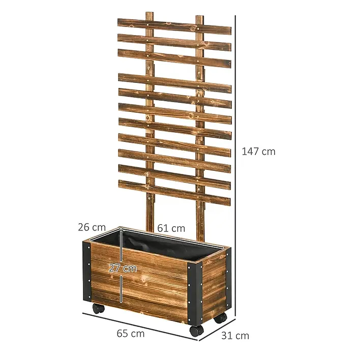 SONNENH Hochbeet mit Rankgitter 65 x 31 x 147 cm aus Holz -  - Dunkelbrauner Holz-Pflanzkasten mit schwarzer Einlage und integriertem Spalier, mit Maßen.