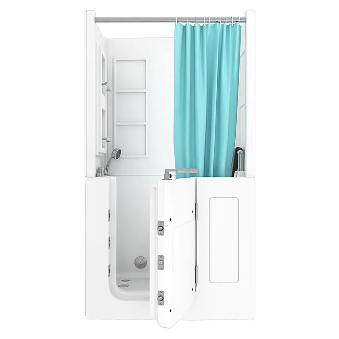 Seniorendusche Wanne Whirlpool S08D-WP-TH-C-R 110x68x205cm -  - Weiße barrierefreie Badewanne/Dusche mit offener Tür und blauem Duschvorhang.