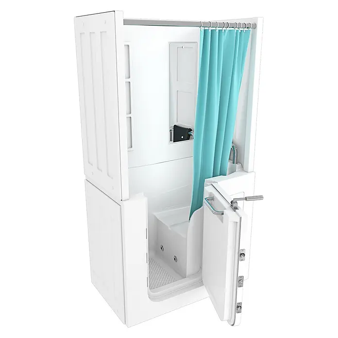Seniorendusche Wanne Whirlpool S08D-WP-TH-C-R 110x68x205cm -  - Weiße barrierefreie Dusch-Badewannen-Kombination mit integriertem Sitz und türkisem Duschvorhang, mit einer niedrigen Einstiegstür.