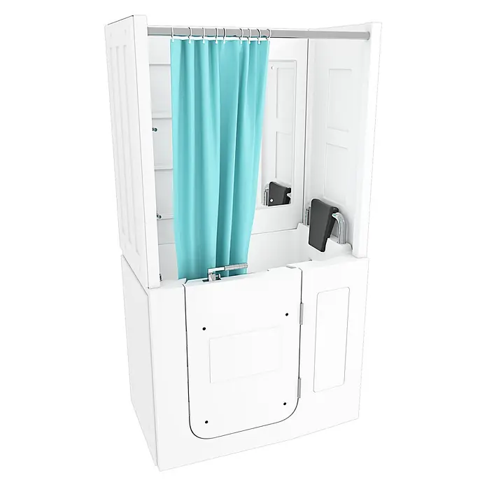 Seniorendusche Wanne Whirlpool S08D-WP-TH-C-R 110x68x205cm -  - Weiße begehbare Badewanne mit integrierter Dusche und hellblauem Vorhang für barrierefreies Baden.