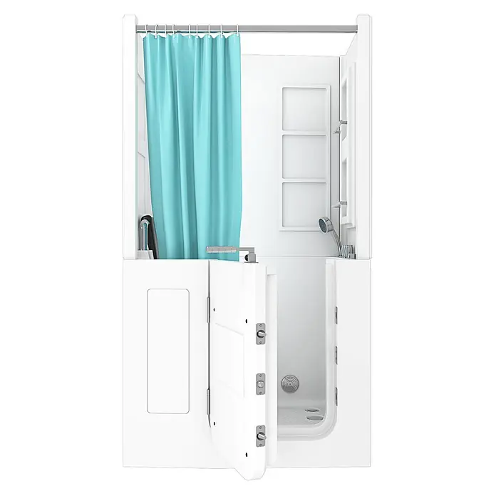 Seniorendusche Wanne Whirlpool S08D-WP-TH-B-L 110x68x205cm -  - Weiße barrierefreie Duschkabine mit türkisfarbenem Vorhang, offener Tür und Ablagen.