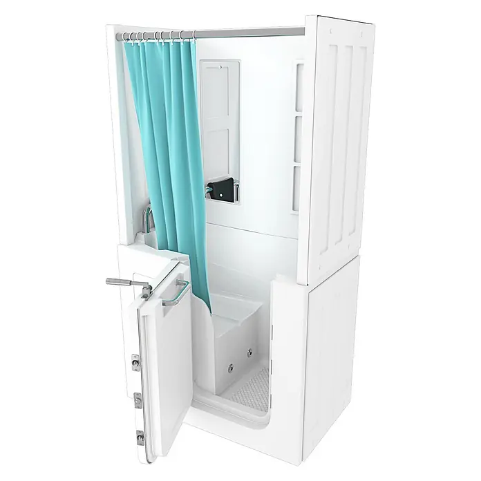 Seniorendusche Wanne Whirlpool S08D-WP-TH-B-L 110x68x205cm -  - Weiße barrierefreie Badewanne/Dusche mit offener Tür, integriertem Sitz und türkisfarbenem Vorhang für zugängliches Baden.