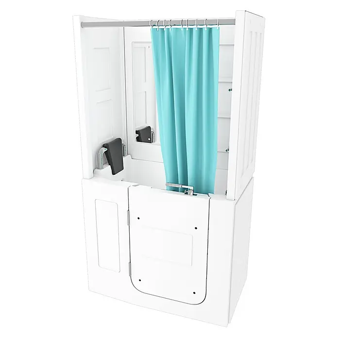 Seniorendusche Wanne Whirlpool S08D-WP-TH-B-L 110x68x205cm -  - Weiße begehbare Badewanne mit integrierter Dusche, türkisfarbenem Vorhang und Sicherheitssitz.