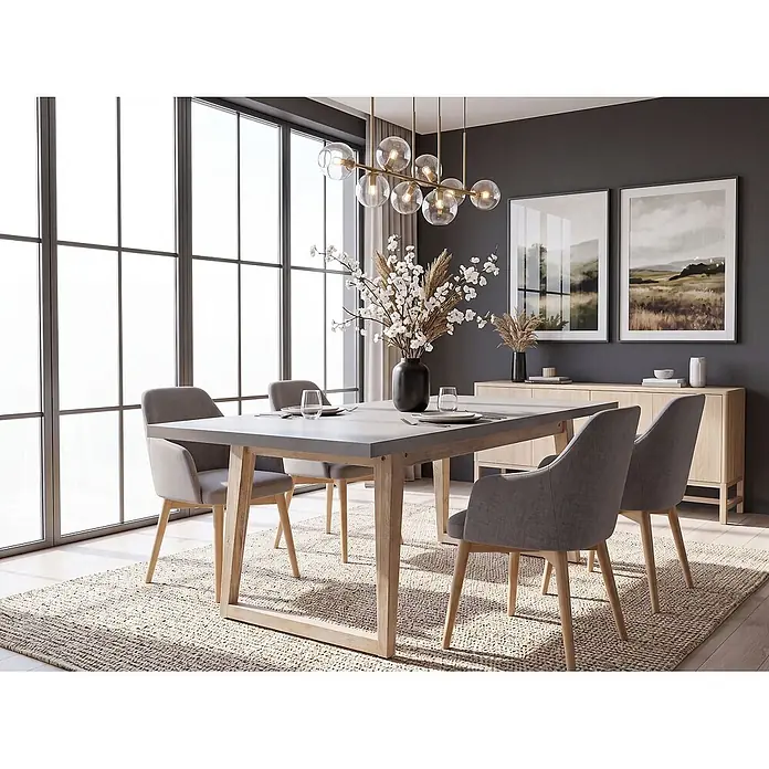 Esstisch ORIA in Grau/Braun - (W) 90 x (H) 75 x - L - Esstisch mit grauer Platte und hellen Holzbeinen, dazu passende graue Polsterstühle in einem modernen Esszimmer.