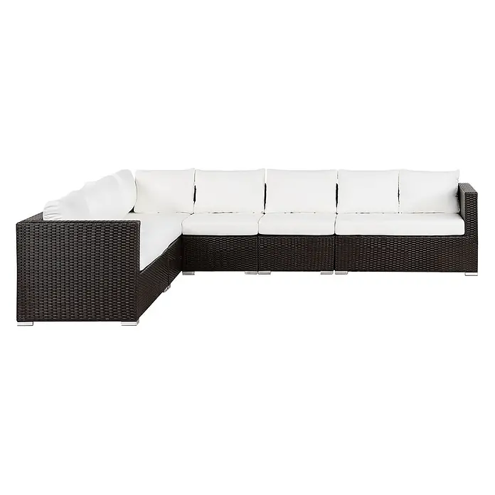 8-tlg Lounge Set XXL in Braun/Weiß rechtsseitig -  - Dunkelbraunes Rattan-Ecksofa in L-Form mit weißen Kissen.