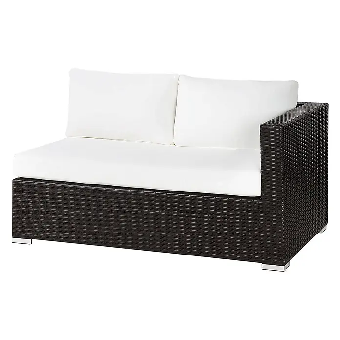 8-tlg Lounge Set XXL in Braun/Weiß rechtsseitig -  - Dunkelbrauner Polyrattan-Garten-Eckstuhl mit weißen Sitz- und Rückenkissen.