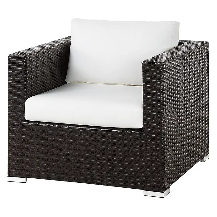 8-tlg Lounge Set XXL in Braun/Weiß rechtsseitig -  - Dunkelbrauner Rattan-Sessel mit weißen Kissen und silberfarbenen Füßen.