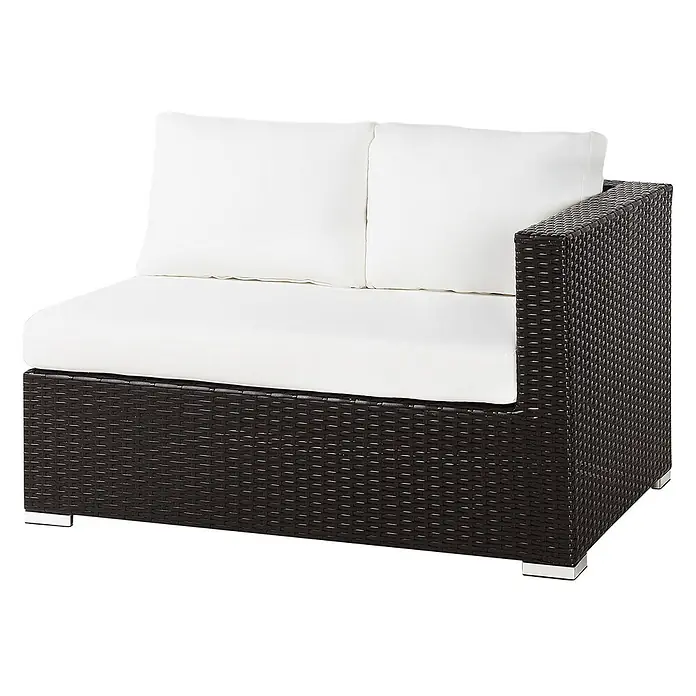8-tlg Lounge Set XXL in Braun/Weiß rechtsseitig -  - Dunkelbraunes Rattan-Gartenecksofa-Element mit dicken weißen Polstern und einer rechten Armlehne.