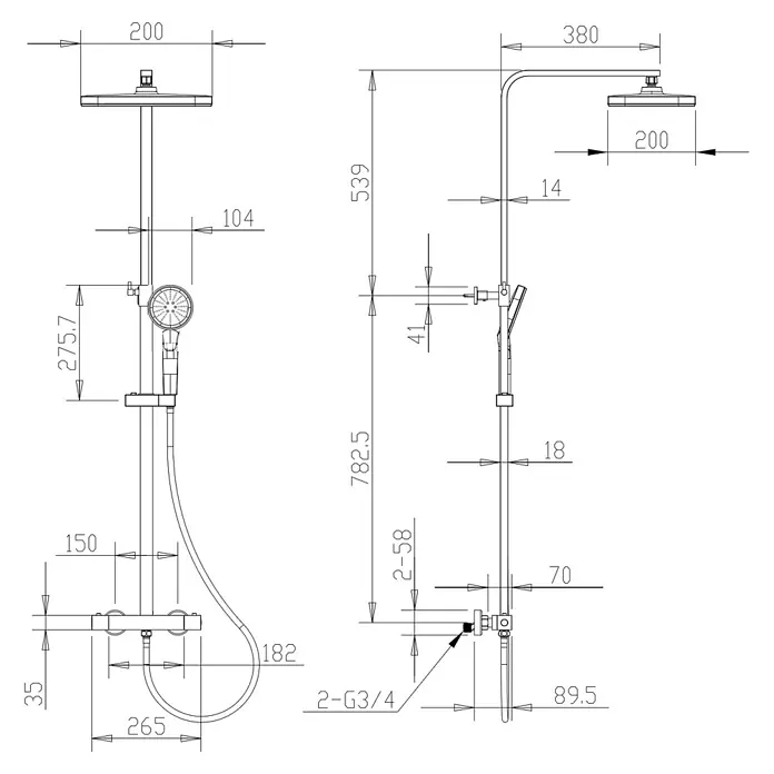 LOMAZOO Thermostat-Duschsystem Senza mit Regendusche 20 cm Kupfer -  - Technisches Diagramm einer Duscharmatur mit Regenbrause, Handbrause und Maßen.