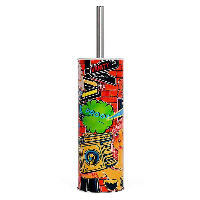 Tohaa Design WC-Bürste Vanity Fair - Guive Khosravi -  - Klobürste mit Metallgriff und zylindrischem Halter mit farbenfrohem Graffiti-Design, inkl. Text wie 'VANITY SQ' und 'PROOT'.