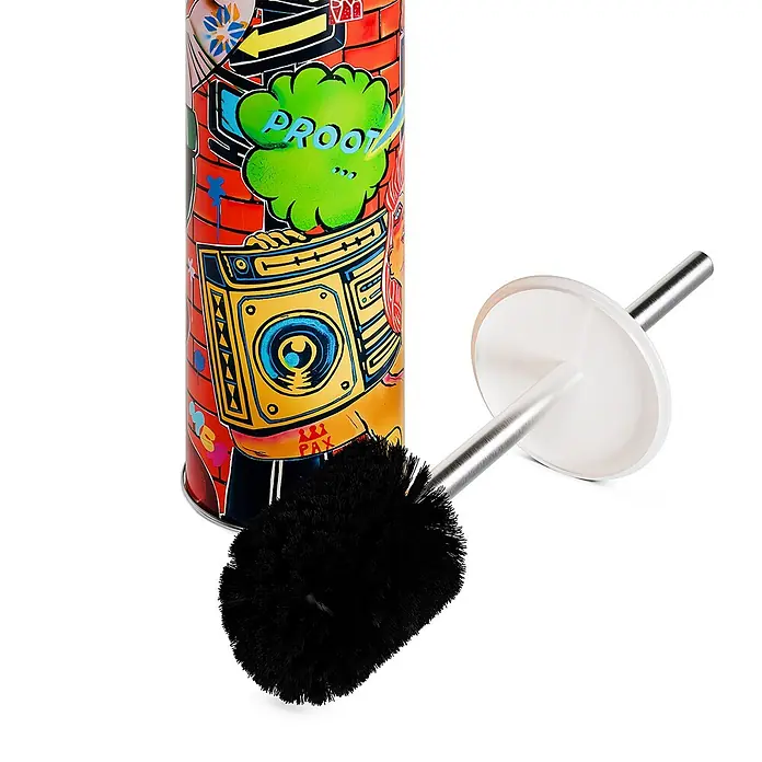 Tohaa Design WC-Bürste Vanity Fair - Guive Khosravi -  - Schwarze Toilettenbürste mit Metallgriff und einem graffiti-verzierten zylindrischen Halter.