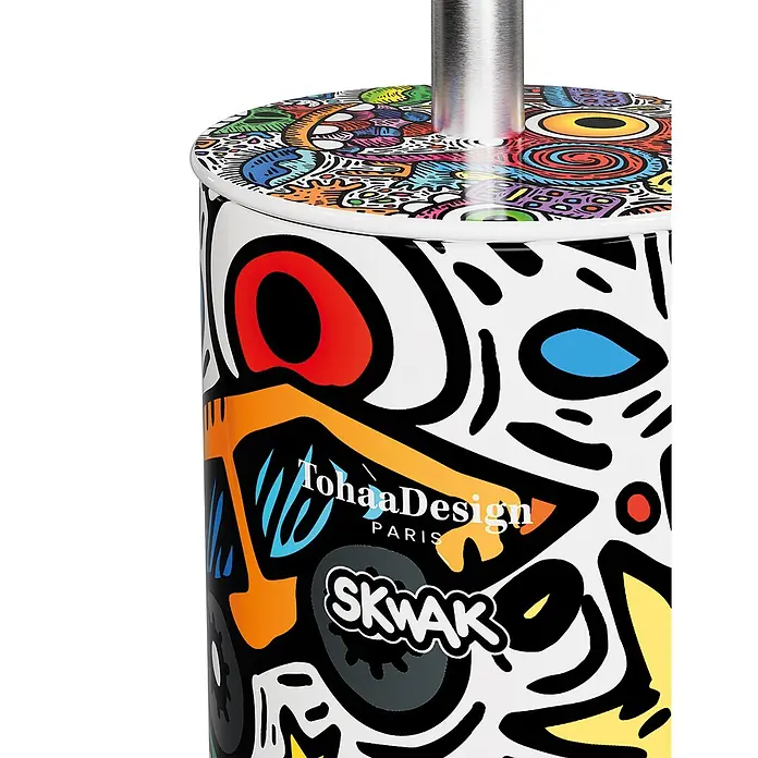 Tohaa Design WC-Bürste Crazy Maniac - Skwak -  - Zylindrischer Bürstenhalter mit farbenfrohem Graffiti-Design und silbernem Griff, mit „TohaaDesign PARIS“ und „SKWAK“ Branding.