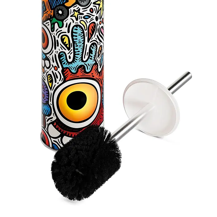 Tohaa Design WC-Bürste Crazy Maniac - Skwak -  - Toilettenbürste mit schwarzen Borsten, silbernem Griff und farbigem Halter mit Doodle-Kunst und Augenmotiven.