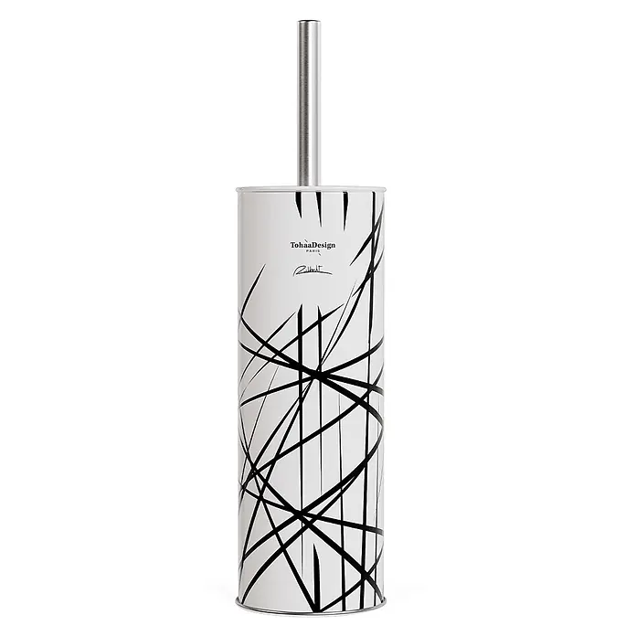 Tohaa Design WC-Bürste Arrow - L. Rubbrecht -  - Weißer Toilettenbürstenhalter mit schwarzem abstraktem Muster und Metallgriff.