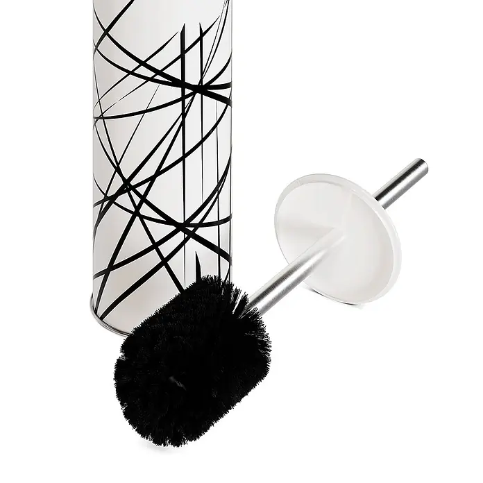 Tohaa Design WC-Bürste Arrow - L. Rubbrecht -  - Weißer Toilettenbürstenhalter mit schwarzen Linien und schwarzer Toilettenbürste mit Metallgriff und weißem Stopper.