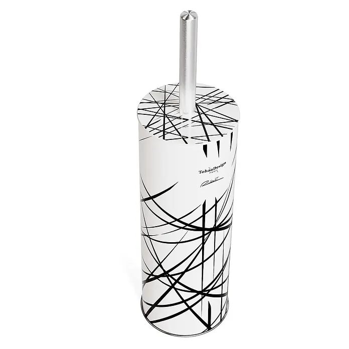 Tohaa Design WC-Bürste Arrow - L. Rubbrecht -  - Weißer Toilettenbürstenhalter mit schwarzem Linienmuster und silbernem Metallgriff.
