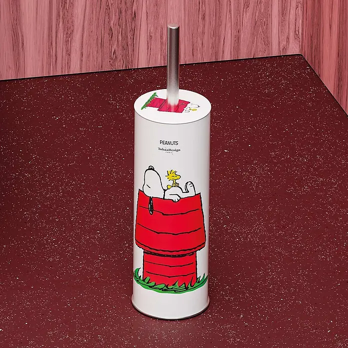 Tohaa Design WC-Bürste Peanuts Snoopy - Peanuts -  - Weißer Toilettenbürstenhalter mit Snoopy und Woodstock auf einer roten Hundehütte. Silberner Griff.