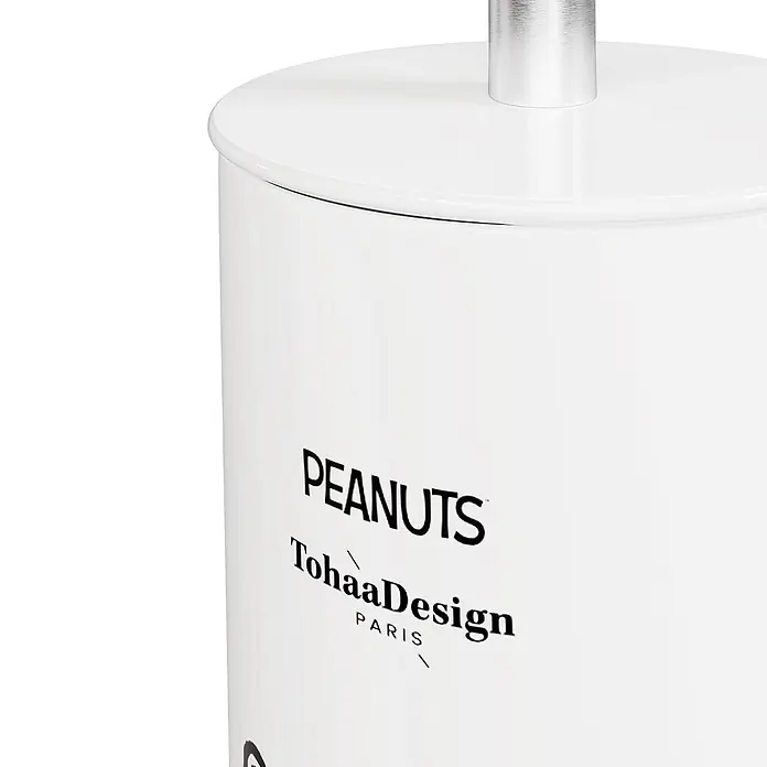 Tohaa Design WC-Bürste Peanuts Snoopy - Peanuts -  - Weißer zylindrischer Behälter mit silbernem Deckel und schwarzem Aufdruck 'PEANUTS TohaaDesign PARIS'.